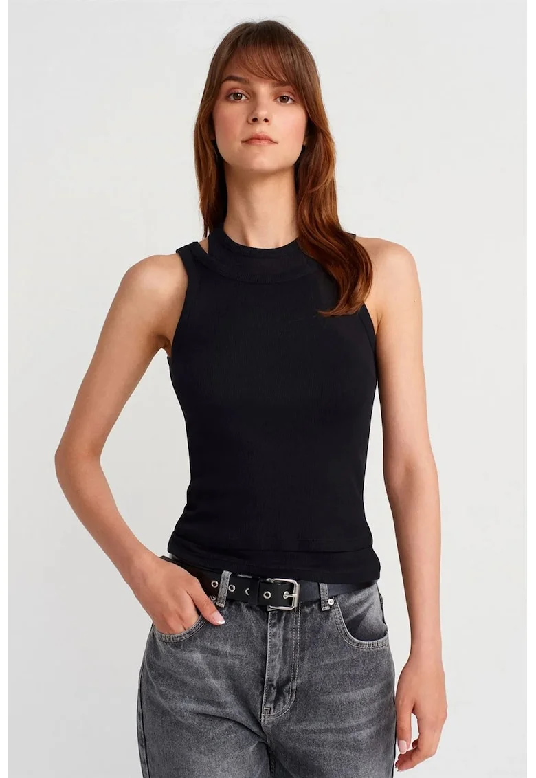 Bluza dama,  crop, negru, 100% bumbac, fara inchidere, cu nervuri