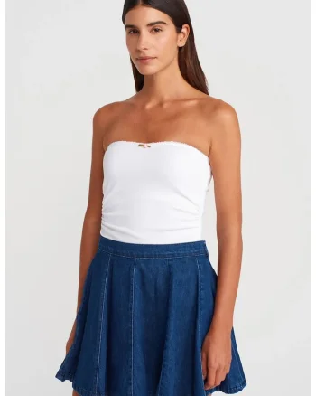 Top bandeau scurt  alb, bumbac cu elastan, detaliu funda, casual