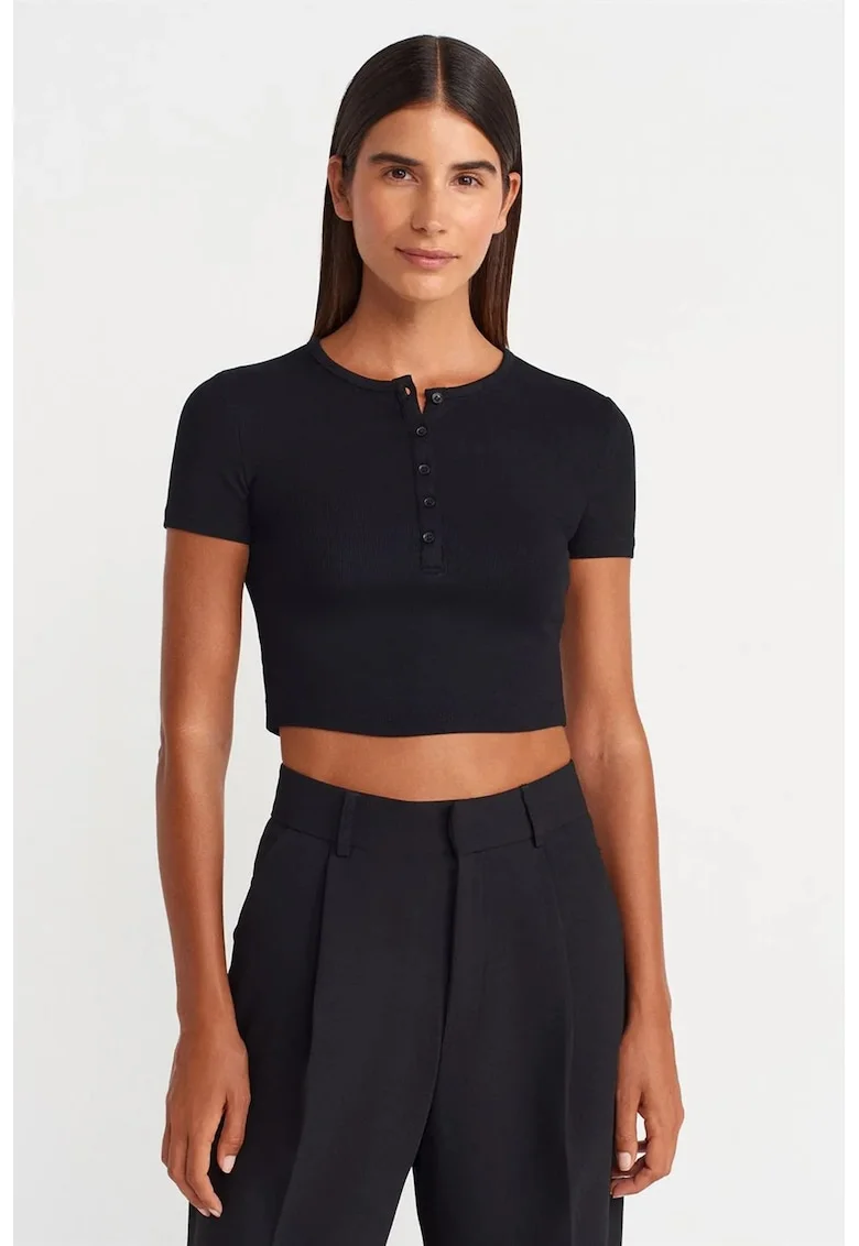 Bluza crop,  slim fit, negru, viscoza cu elastan