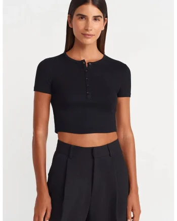 Bluza crop,  slim fit, negru, viscoza cu elastan
