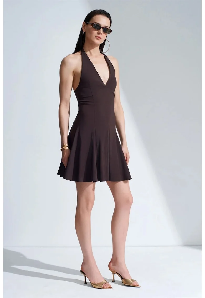 Rochie Mini,  Tip Skater, Elegant, Maro Cafea, 70% viscoza/26% poliamida/4% elastan