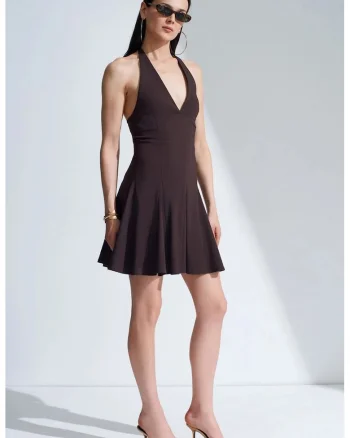 Rochie Mini,  Tip Skater, Elegant, Maro Cafea, 70% viscoza/26% poliamida/4% elastan