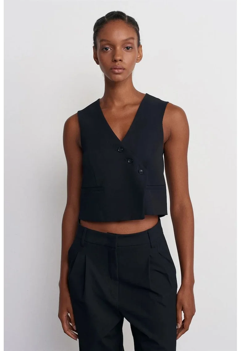 Vesta scurta,  neagra, casual, cu nasturi, din material crep