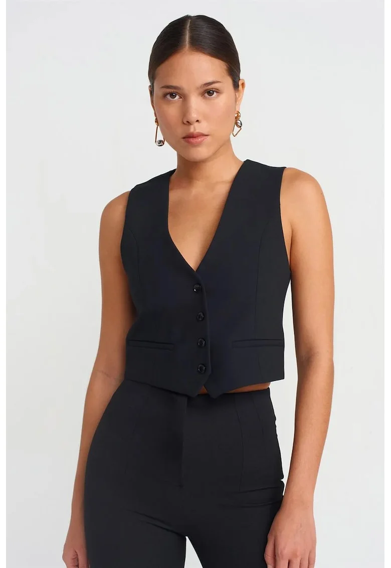Vesta scurta,  casual, negru, crep, fara maneci, inchidere cu nasturi