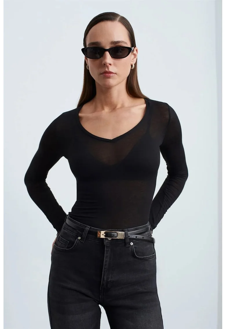 Bluza dama,  slim fit, maneca lunga, decolteu in V, negru, tricot din lycra, modal, casmir, elastan