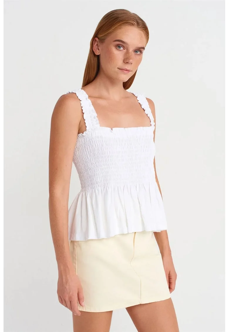 Bluza dama,  fara maneci, volanase, alb, bumbac-modal
