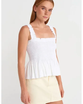 Bluza dama,  fara maneci, volanase, alb, bumbac-modal