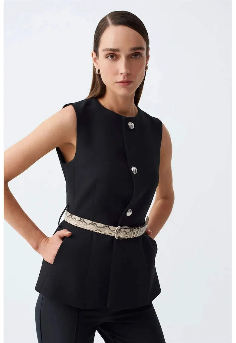 Vesta dama,  crep, cu cordon, negru, casual