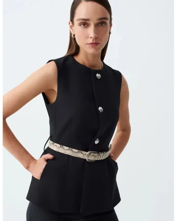 Vesta dama,  crep, cu cordon, negru, casual