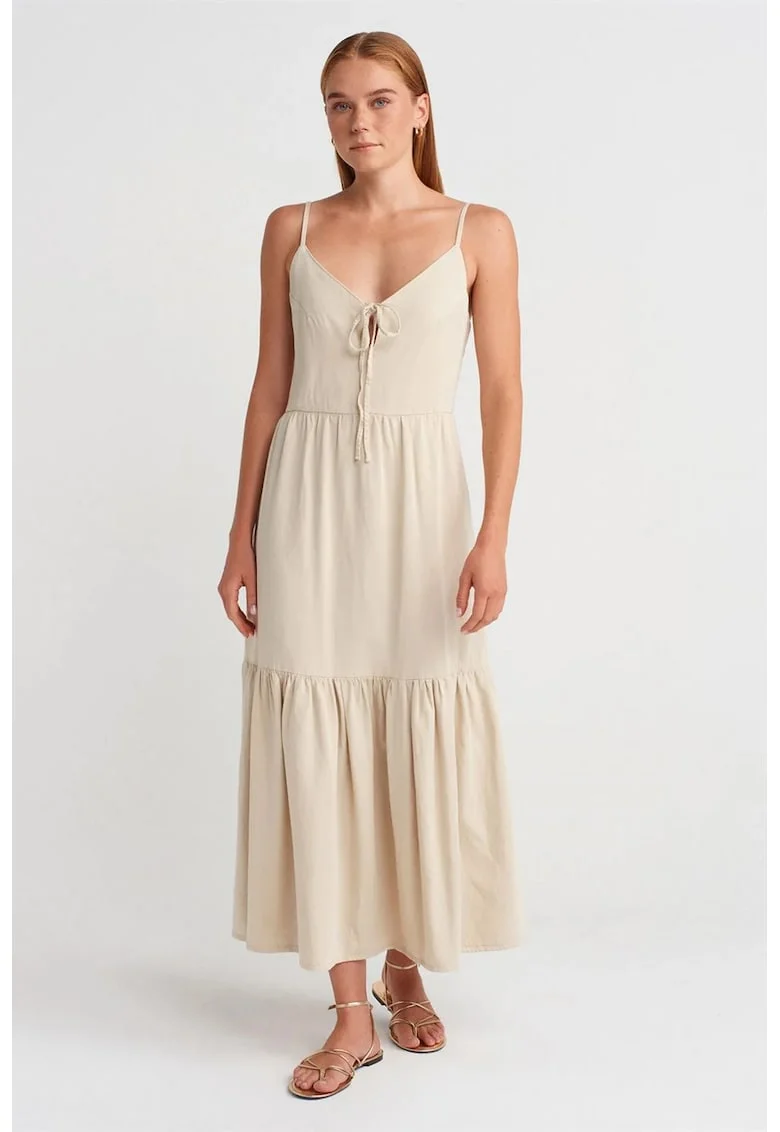 Rochie Maxi  Femei, Casual, Bej Natural, Decolteu in V, Decupaj
