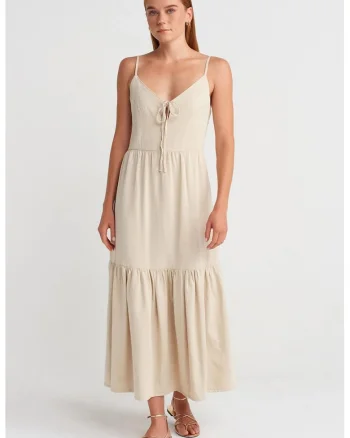 Rochie Maxi  Femei, Casual, Bej Natural, Decolteu in V, Decupaj