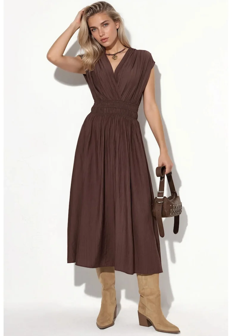 Rochie Midi Femei,  Casual, Maro Mocha, Elastic, 100% poliester