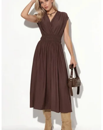 Rochie Midi Femei,  Casual, Maro Mocha, Elastic, 100% poliester