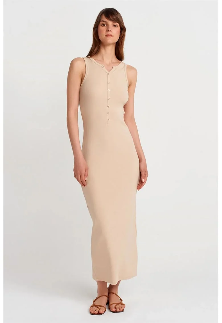 Rochie Maxi,  Casual, Guler rotund, Bej Natural, Amestec de Bumbac