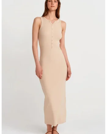 Rochie Maxi,  Casual, Guler rotund, Bej Natural, Amestec de Bumbac