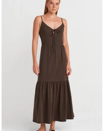 Rochie Maxi  Femei, Casual, Decolteu in V, Maro Cafea, Fara maneci