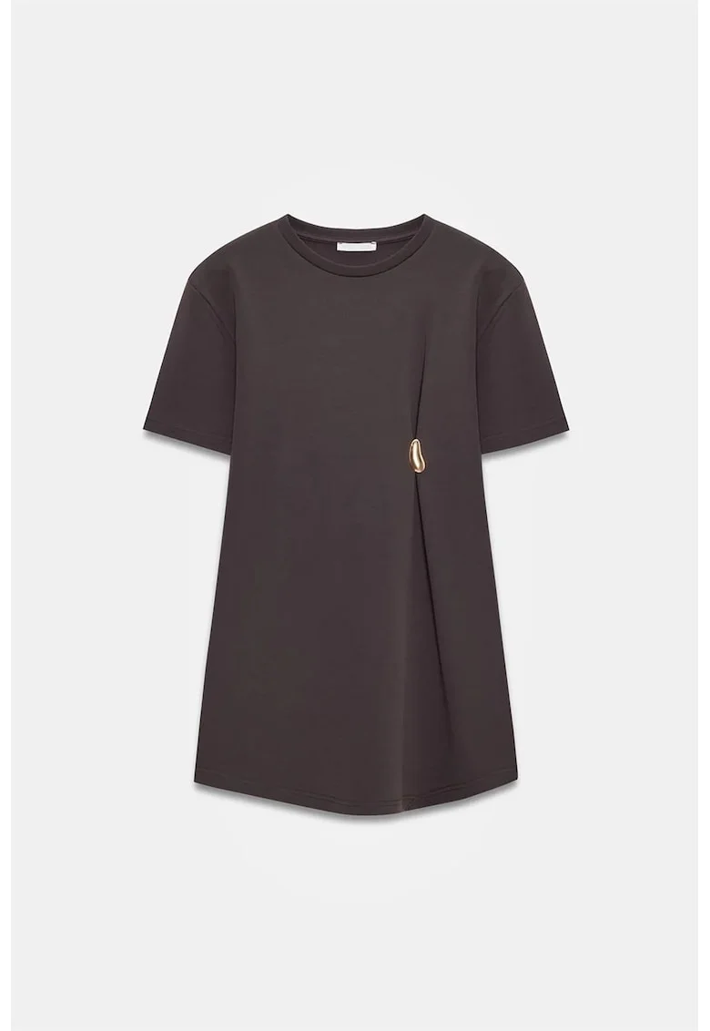 Rochie mini,  casual, maneca scurta, maro cafea, 80% bumbac