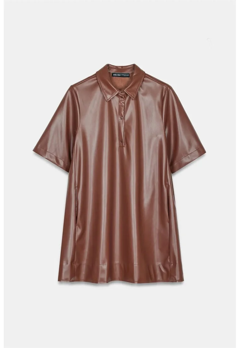 Rochie tip camasa,  din piele ecologica, lejera, maro castaniu, poliuretan