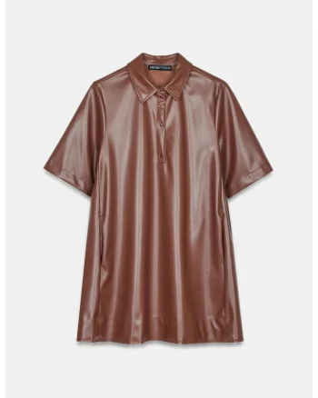 Rochie tip camasa,  din piele ecologica, lejera, maro castaniu, poliuretan