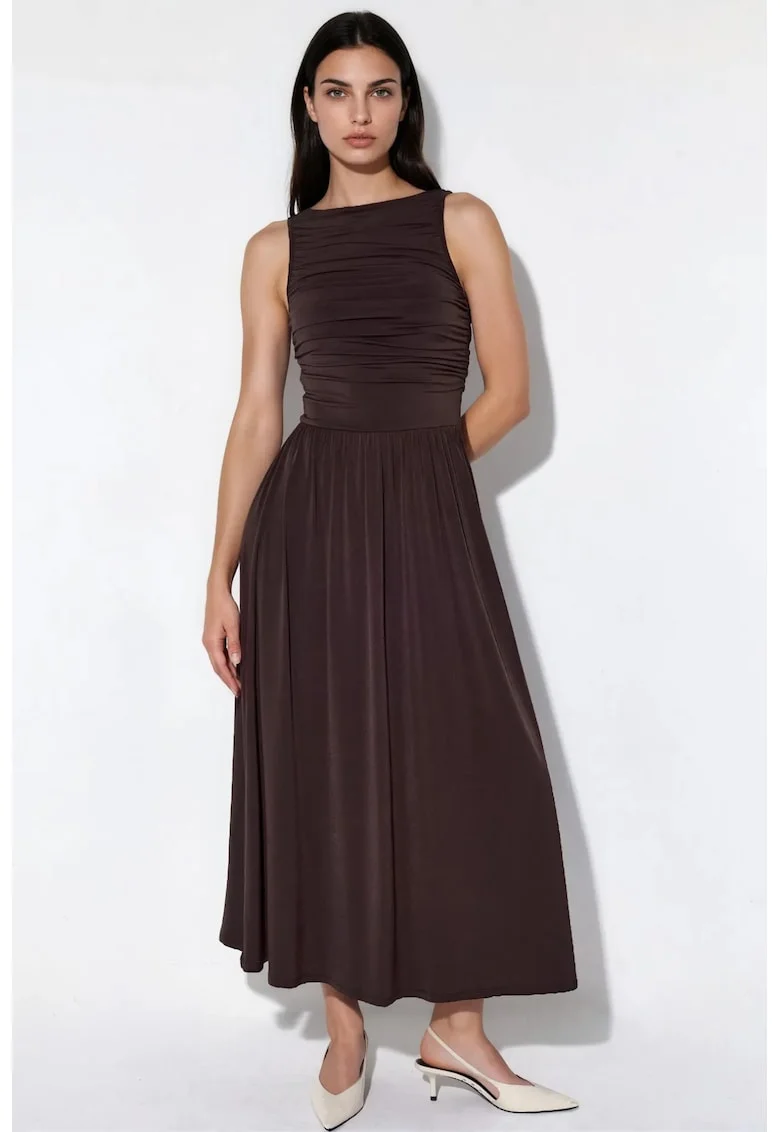 Rochie Maxi,  linie A, decolteu barca, maro castaniu, elegant, fara maneci, 95% poliester/5% elastan