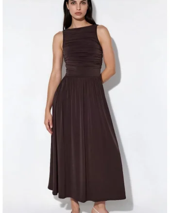 Rochie Maxi,  linie A, decolteu barca, maro castaniu, elegant, fara maneci, 95% poliester/5% elastan