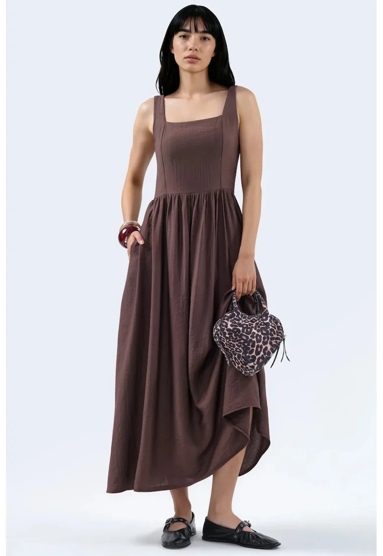Rochie Midi  Casual, Guler Patrat, Maro Cafea, 100% Poliester