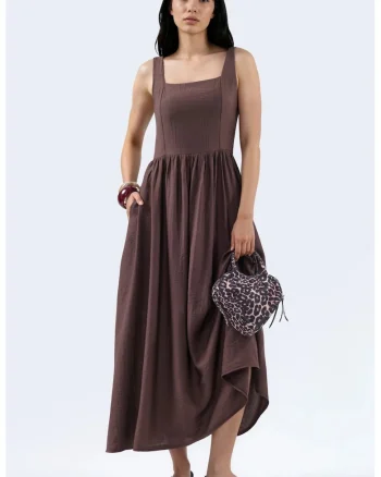 Rochie Midi  Casual, Guler Patrat, Maro Cafea, 100% Poliester