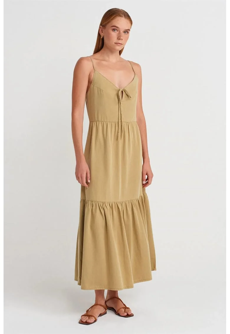 Rochie maxi  tip A, decolteu in V, detaliu decupat, verde kaki, poplin