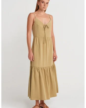 Rochie maxi  tip A, decolteu in V, detaliu decupat, verde kaki, poplin