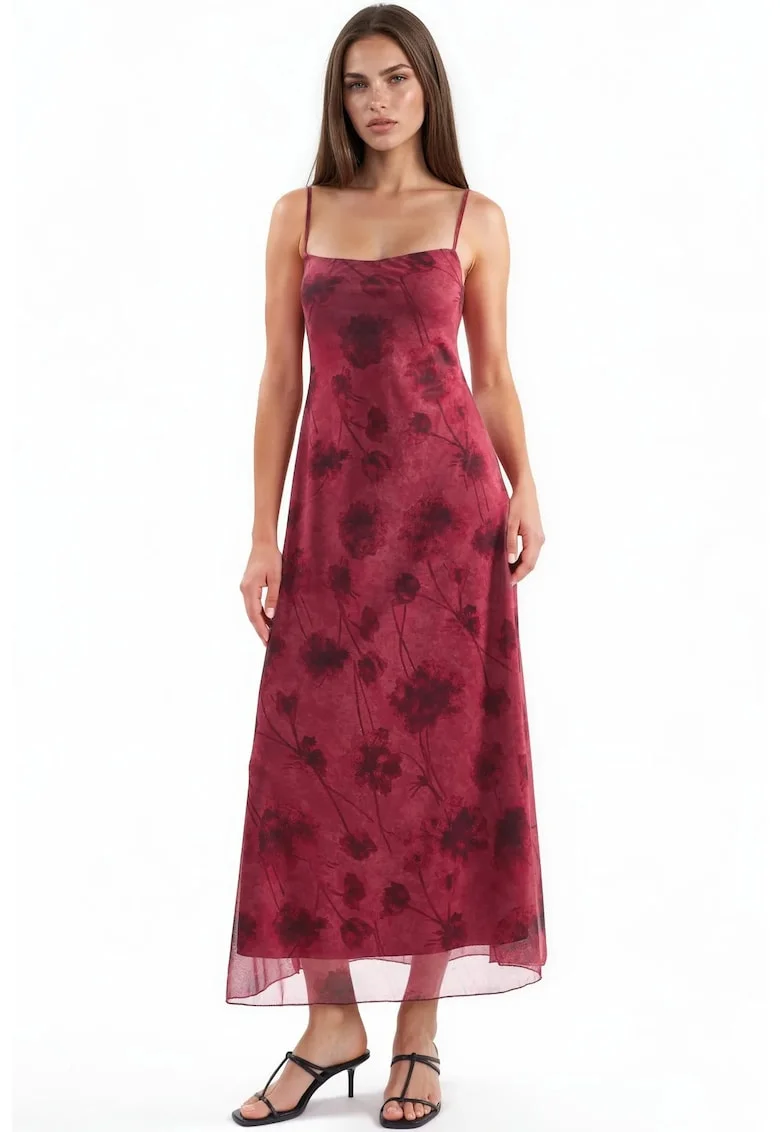 Rochie Maxi Midi,  casual, rosu ciresa, imprimeu floral, fara inchidere, 95% poliester/5% elastan