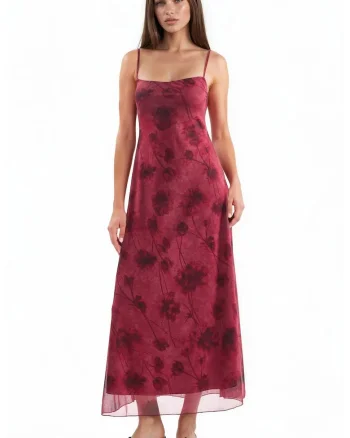 Rochie Maxi Midi,  casual, rosu ciresa, imprimeu floral, fara inchidere, 95% poliester/5% elastan