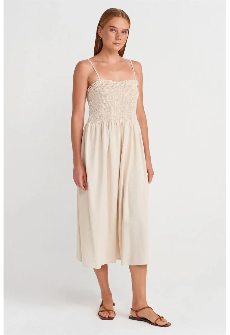 Rochie Midi Femei  Crem Natural, Elastic, Fara Inchidere, 54% Viscoza/32% Bumbac/14% In