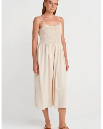 Rochie Midi Femei  Crem Natural, Elastic, Fara Inchidere, 54% Viscoza/32% Bumbac/14% In