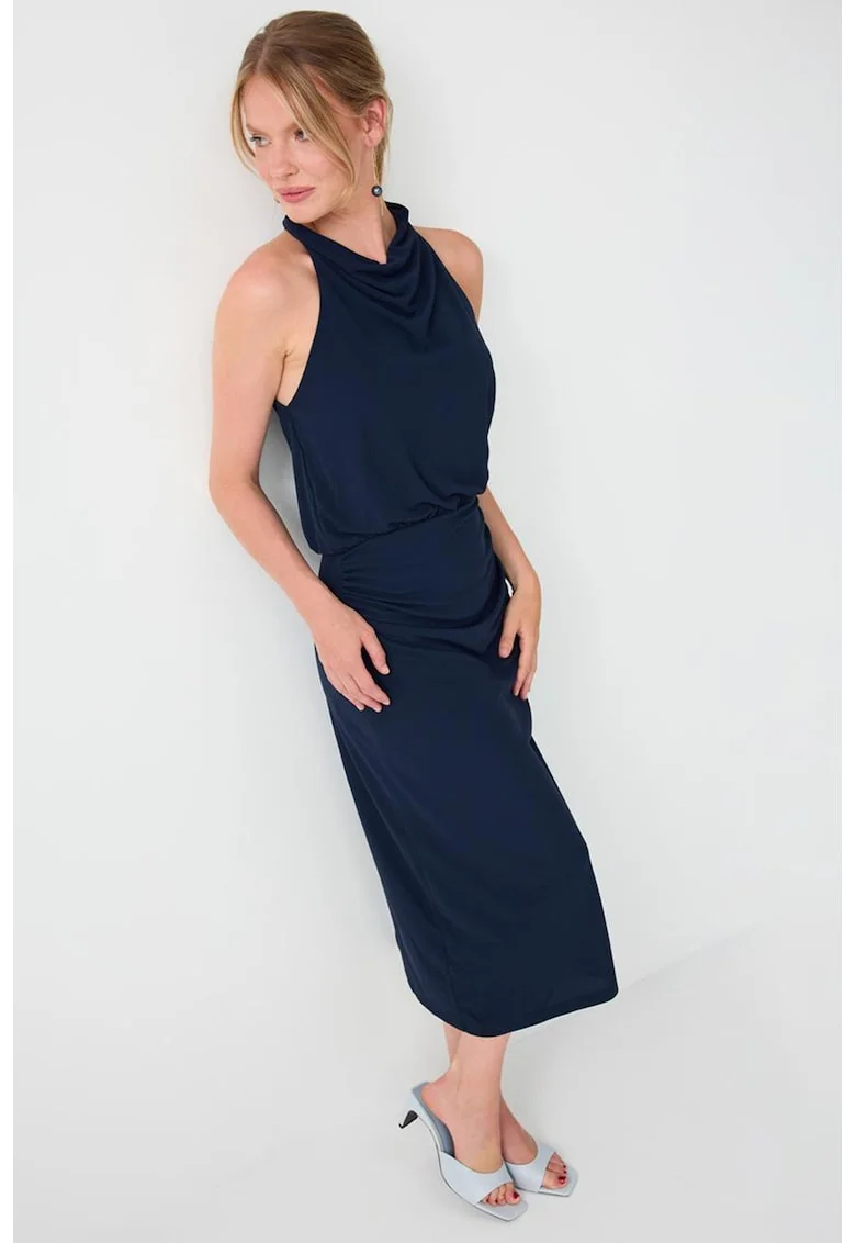 Rochie midi cu decolteu drapat, Bleumarin