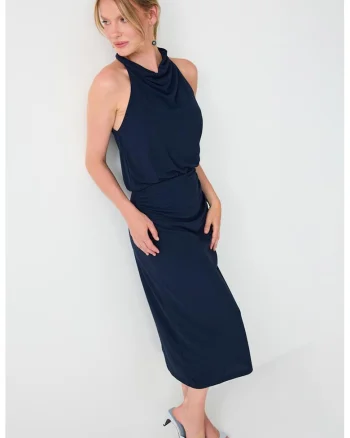 Rochie midi cu decolteu drapat, Bleumarin