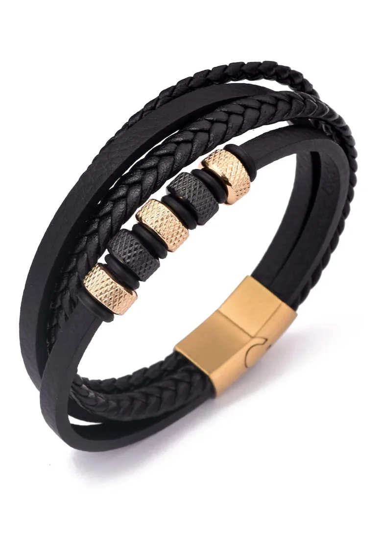 Bratara barbati din piele naturala negru auriu Cercuri - 22 cm