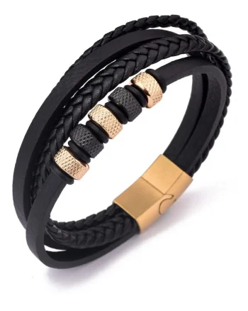 Bratara barbati din piele naturala negru auriu Cercuri - 22 cm