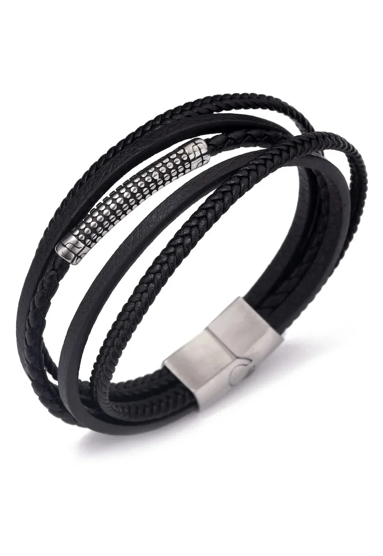 Bratara barbati din piele naturala negru-argintiu Liam - 21 cm
