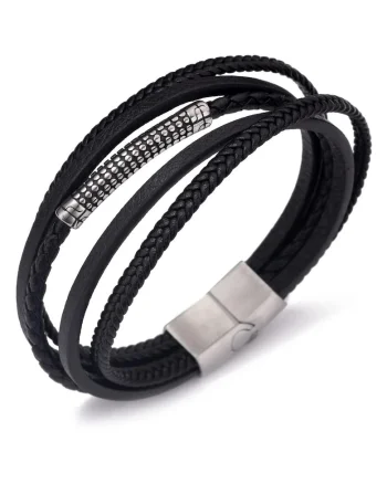 Bratara barbati din piele naturala negru-argintiu Liam - 21 cm