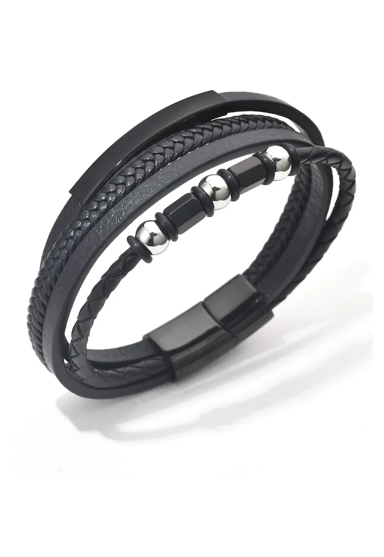 Bratara barbati din piele naturala negru Rodos - 22 cm