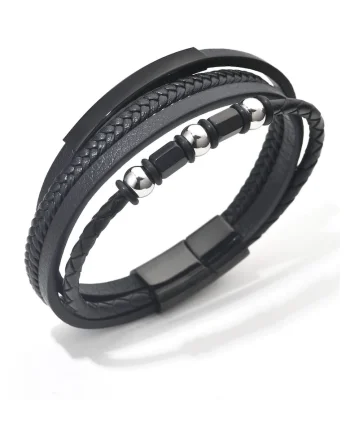 Bratara barbati din piele naturala negru Rodos - 22 cm