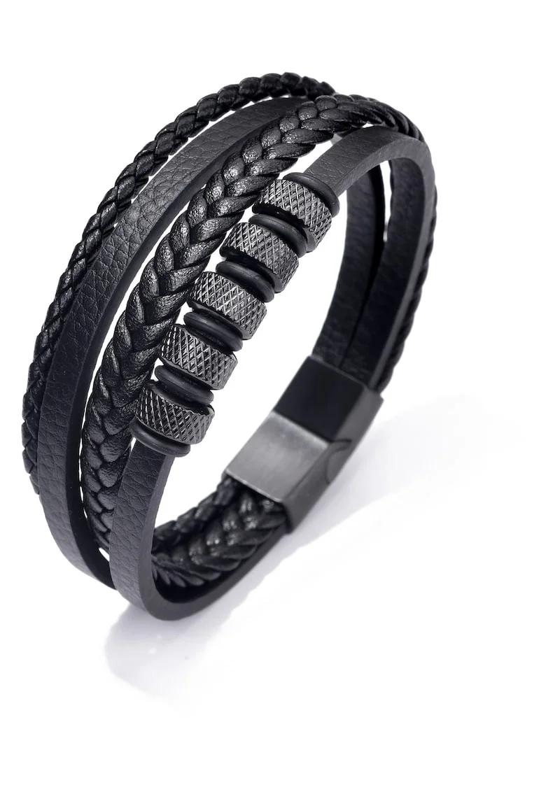 Bratara barbati din piele naturala negru Cercuri - 22 cm
