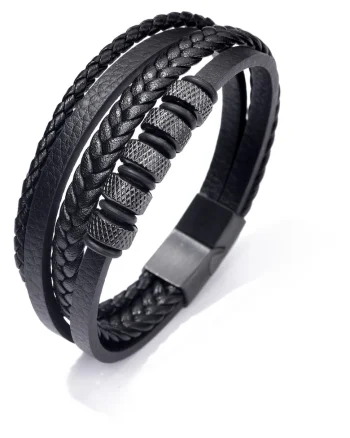 Bratara barbati din piele naturala negru Cercuri - 22 cm