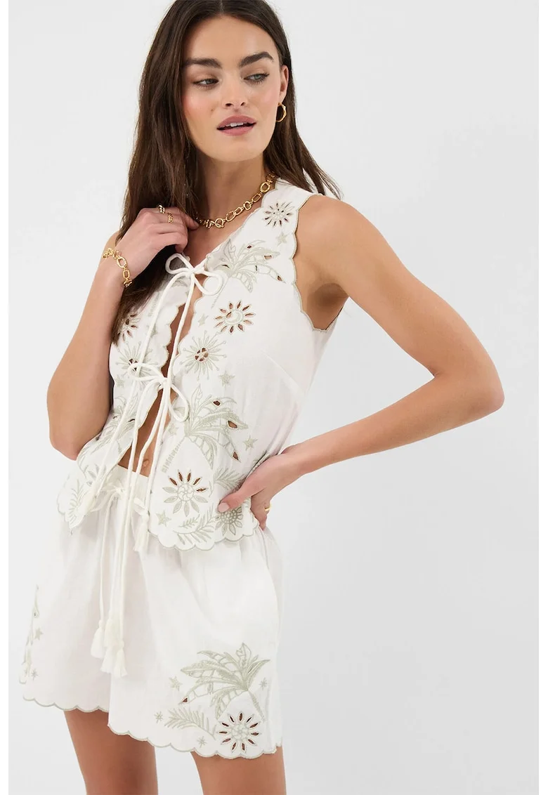 Bluza din bumbac si in, Alb fildes/Verde pal