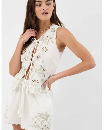 Bluza din bumbac si in, Alb fildes/Verde pal