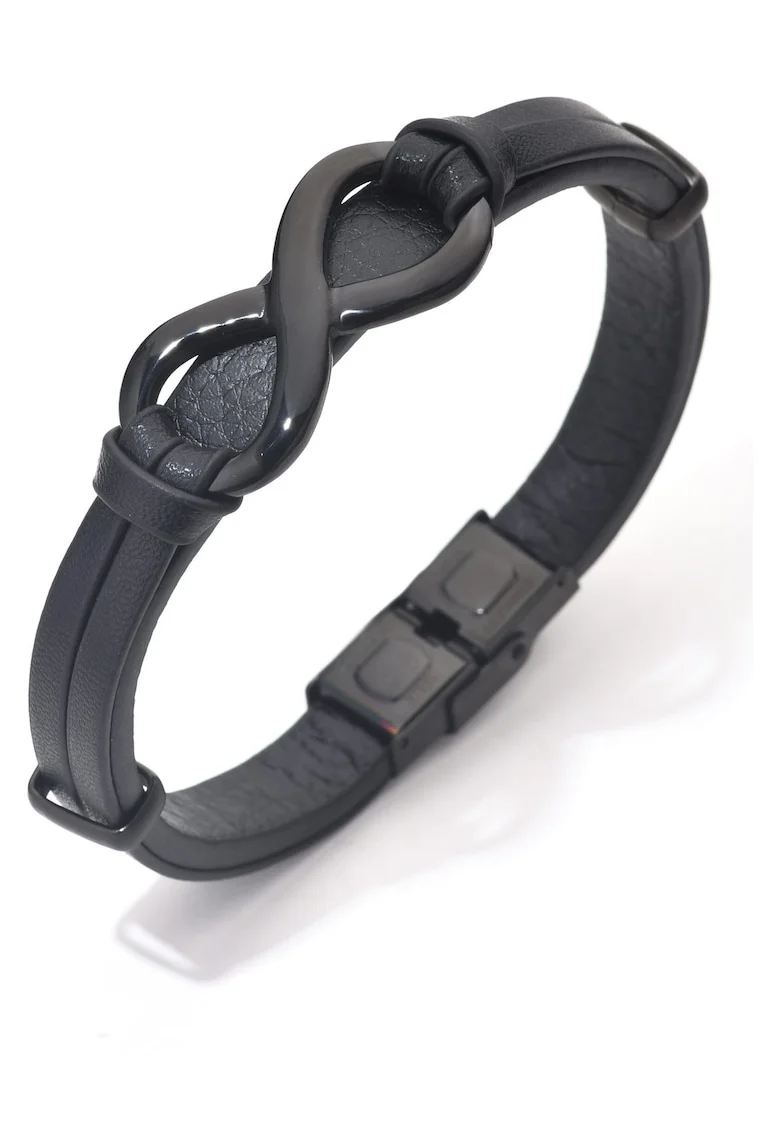 Bratara barbati din piele naturala negru Infinit mare - 22 cm