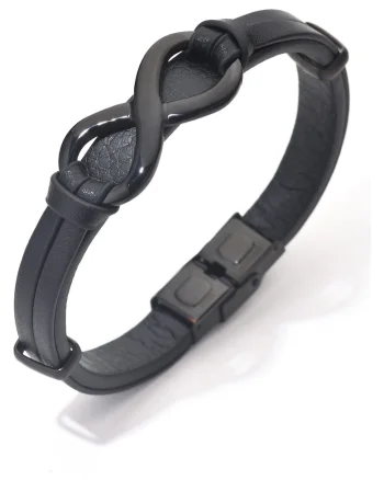 Bratara barbati din piele naturala negru Infinit mare - 22 cm