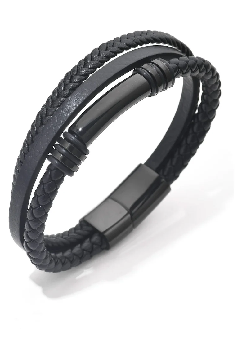 Bratara barbati din piele naturala negru Linders, 22 cm