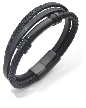 Bratara barbati din piele naturala negru Linders, 22 cm