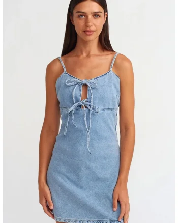 Rochie mini,  A-line, decupaje, denim albastru deschis, bumbac